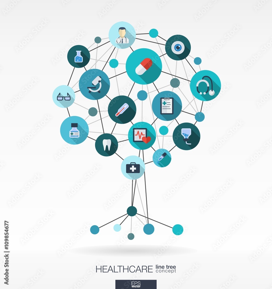 Abstract medicine background with lines, connected circles, integrated flat icons. Growth tree concept with medical, health, healthcare, thermometer and cross icon. Vector interactive illustration. Abstract medicine background with lines, connected circles, integrated flat icons. Growth tree concept with medical, health, healthcare, thermometer and cross icon. Vector interactive illustration.