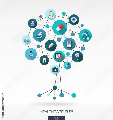 Abstract medicine background with lines, connected circles, integrated flat icons. Growth tree concept with medical, health, healthcare, thermometer and cross icon. Vector interactive illustration.