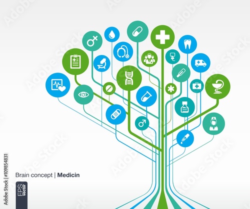 Abstract medicine background. Brain concept with medical, health, healthcare, doctor, pills and cross icon. Vector infographic illustration.