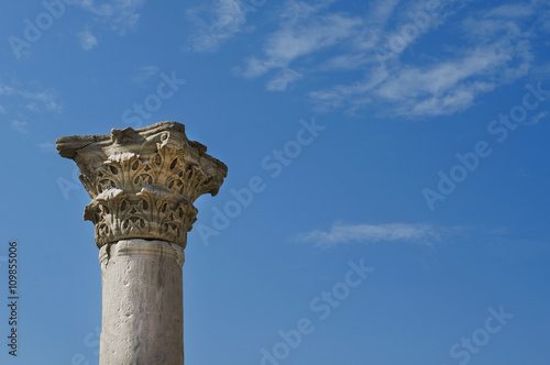 The capital of marble column in ruins of an ancient greek temple