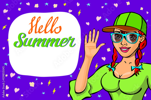 lettering Hello summer greeting card. girl waving welcome. girl in sunglasses. Happy child greeting. Cute cartoon laughing character in dress. Smiling woman. background Flat Vector illustration