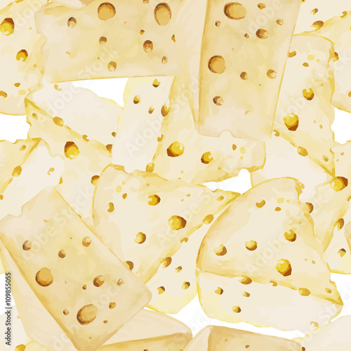 Watercolor cheese seamless pattern. Organic food illustration with cheese pieces. Eco farm food illustration.