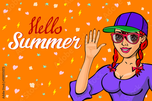 lettering Hello summer greeting card. girl waving welcome. girl in sunglasses. Happy child greeting. Cute cartoon laughing character in dress. Smiling woman. background Flat Vector illustration