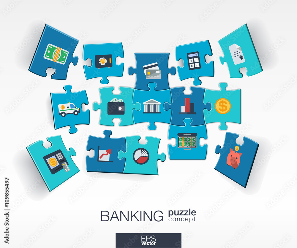 Abstract banking background with connected color puzzles, integrated flat icons. 3d infographic concept with money, card, bank and finance pieces in perspective. Vector interactive illustration. Abstract banking background with connected color puzzles, integrated flat icons. 3d infographic concept with money, card, bank and finance pieces in perspective. Vector interactive illustration.