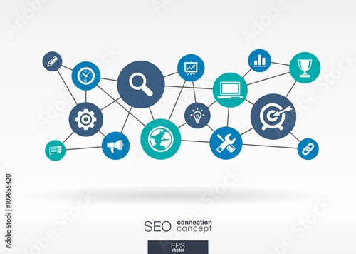 SEO network. Growth abstract background with lines, circles, integrate flat icons. Connected symbols for digital, connect, analytics, social media and market concepts. Vector interactive illustration.