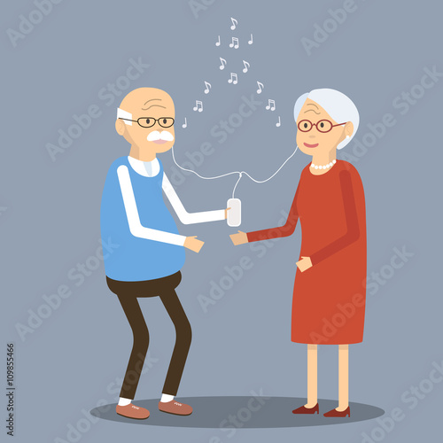 Elderly Couple Listening to Music in the Smartphone
