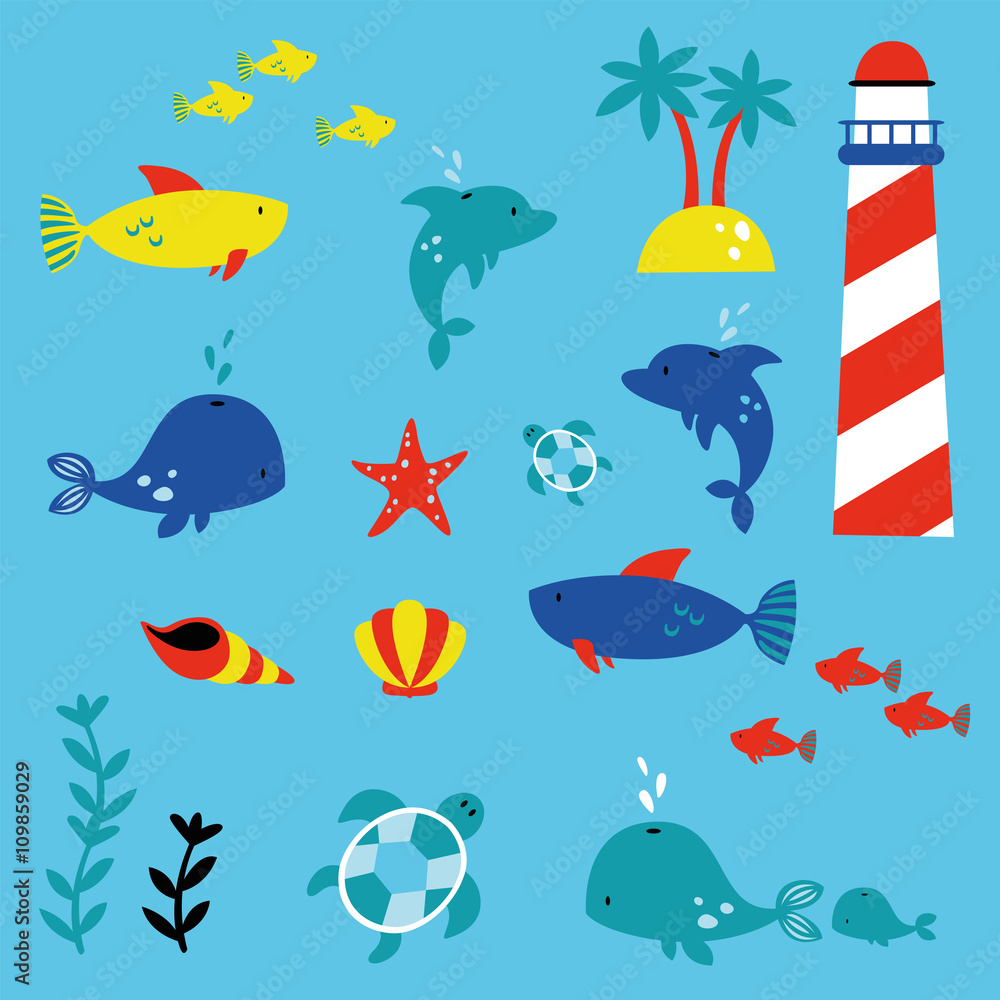 marine life children style illustration set