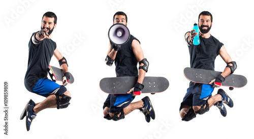 Skater jumping and shouting by megaphone