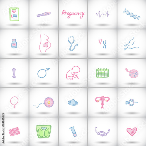 Big pregnancy icons set. Hand-drawn cartoon baby birth elements - baby, tools, female body, placenta, the egg and sperm, medical instruments. Vector illustration. 