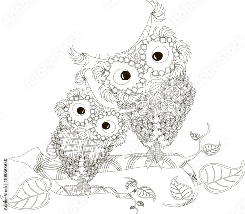 Zentangle stylized black and white two owls sitting on the tree branches, hand drawn, vector illustration