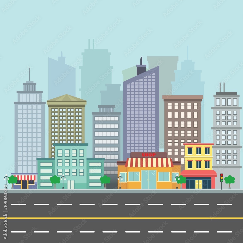 City street view with buildings and skyscrappers