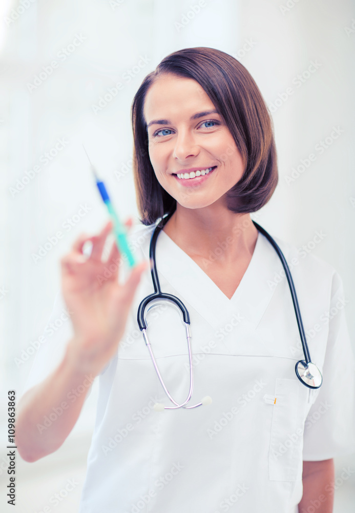 female doctor holding syringe with injection female doctor holding syringe with injection