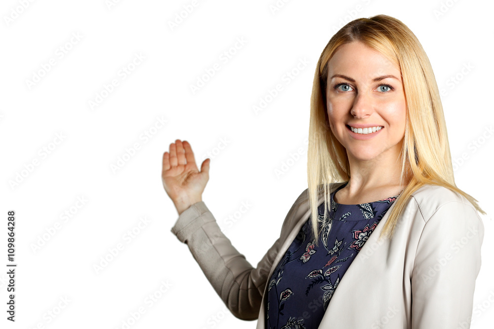 Smiling business woman presenting. Isolated over white backgroun Smiling business woman presenting. Isolated over white backgroun