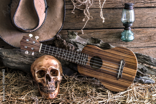 Still life human skull and ukulele on hay with traditional leather boots and ...
