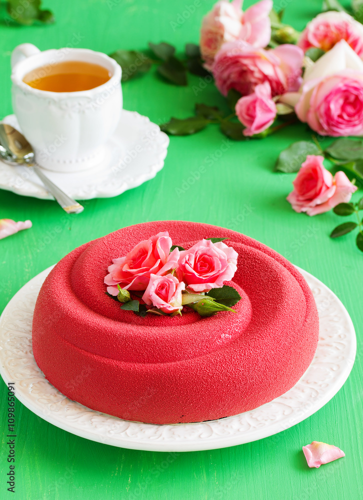 Chocolate Raspberry Cake covered with chocolate velor. Chocolate Raspberry Cake covered with chocolate velor.