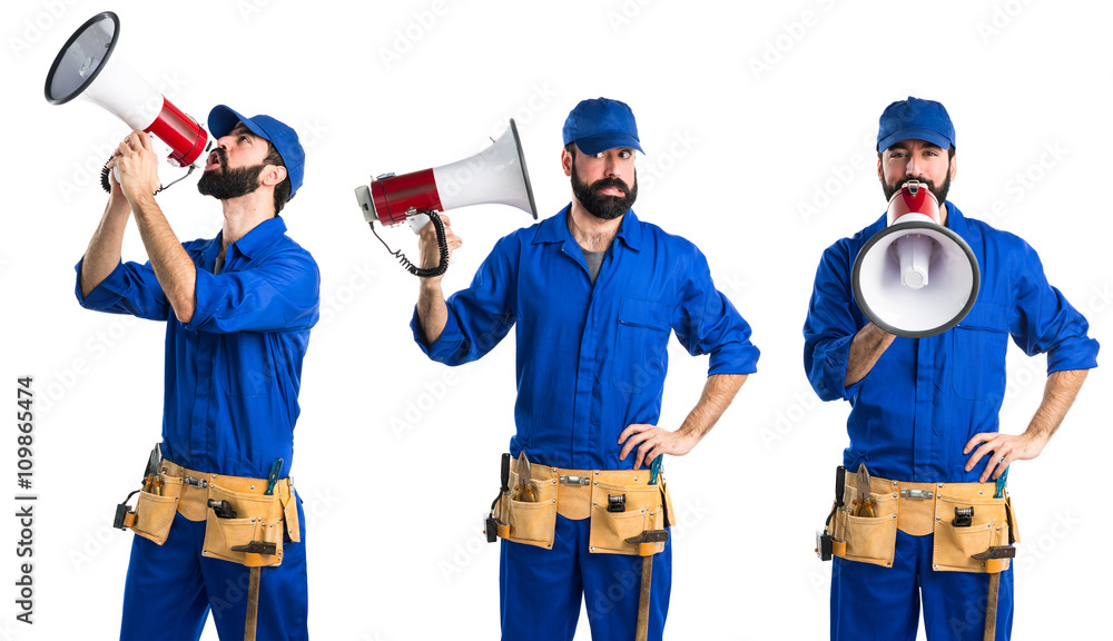 Fototapeta premium Plumber shouting by megaphone