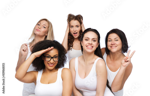group of happy women in white underwear having fun