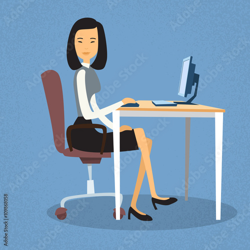 Asian Business Woman Sitting At Desk In Office Working Computer Desktop