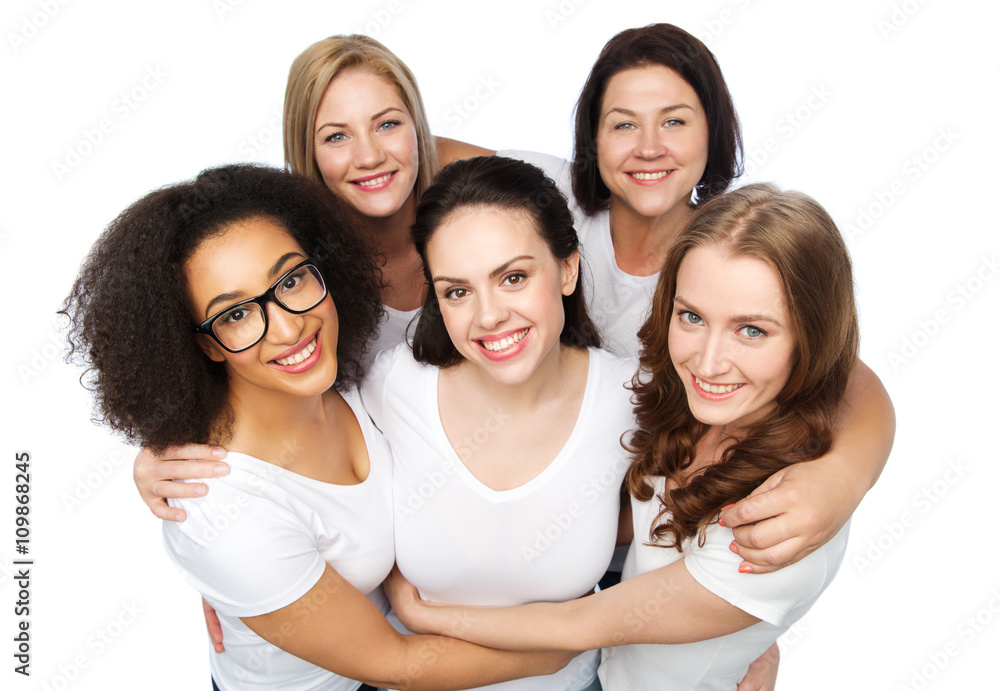group of happy different women in white t-shirts group of happy different women in white t-shirts