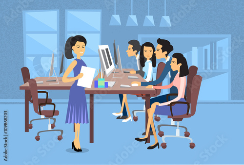 Asian Business People Group Work At Computer Desktop Businesswoman With Paper Document Secretary