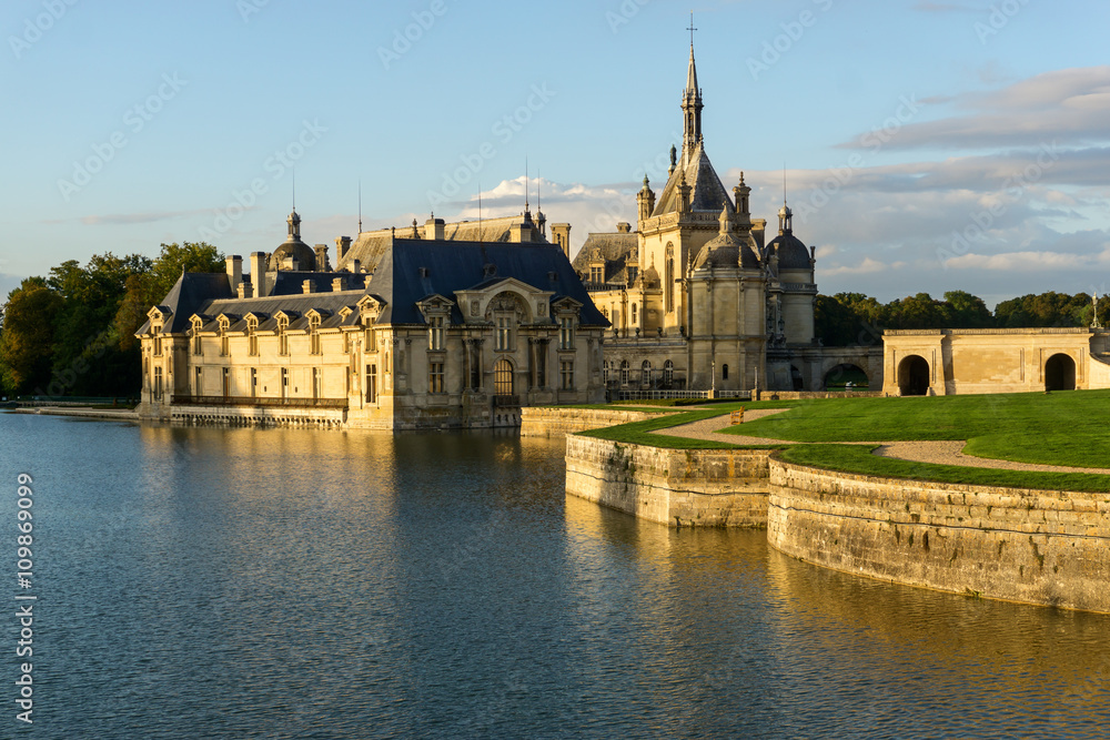 Sunset view of beautiful Chantilly castle