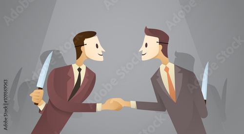 Two Business Man In Mask Shake Hands Hold Knife, Danger Betray Agreement Concept