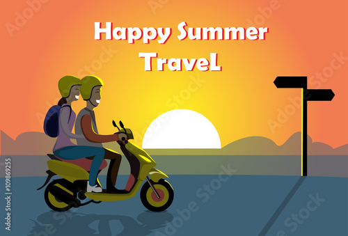 Couple Ride Electric Scooter Motorcycle, Man Woman Over Sunset Ocean Beach Happy Summer Travel Banner