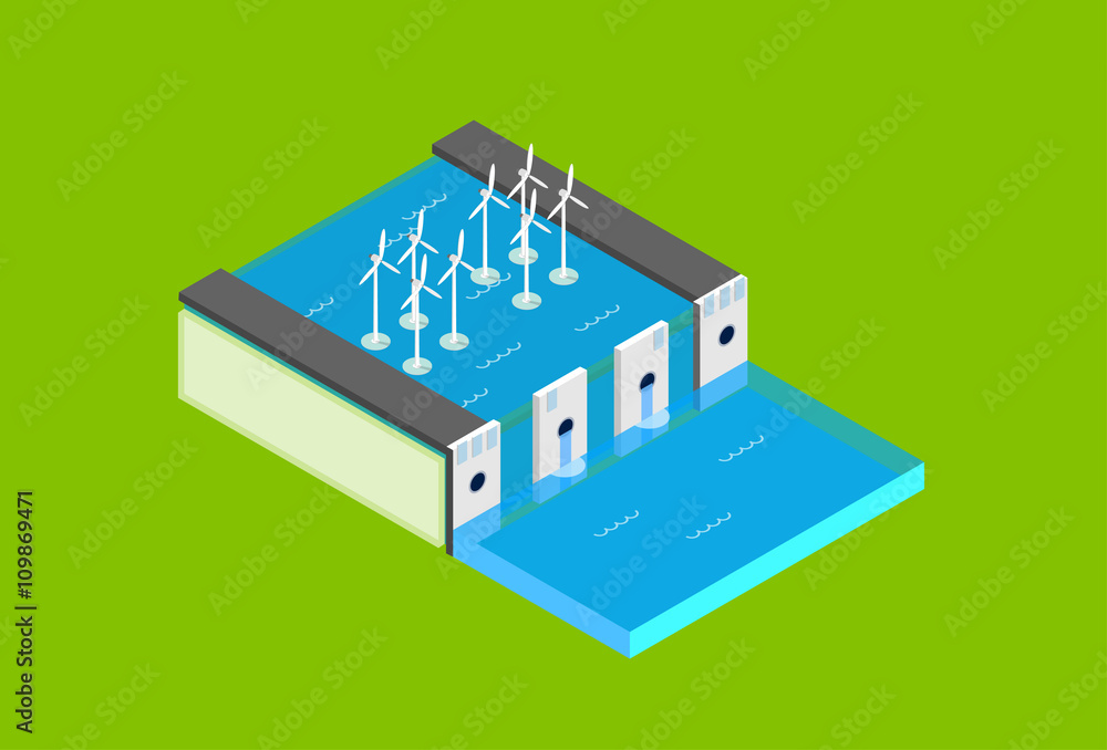 Water Dam Electric Station Wind Turbine Tower  Recycle Technology Top View 3d Isometric