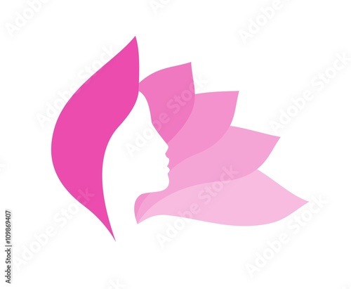 Beautiful profile of young  asian woman surrouded by pink flower petals- vector