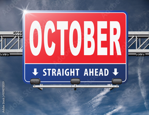October autumn or fall month or event calendar, road sign billboard..
