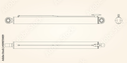 Hydraulic cylinder. Three types: front, top, side. Vector illustration. Technical drawing.