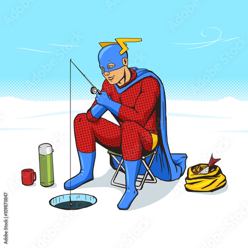 Superhero on ice fishing comic book vector