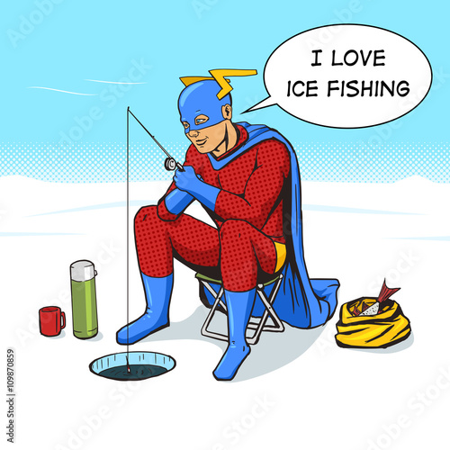 Superhero on ice fishing comic book vector