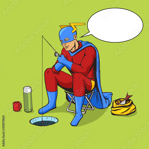 Superhero on ice fishing comic book vector