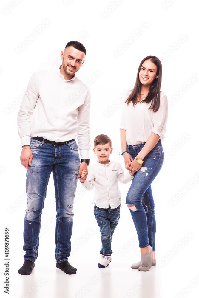 Happy family. Father, mother and boy over white background Happy family. Father, mother and boy over white background