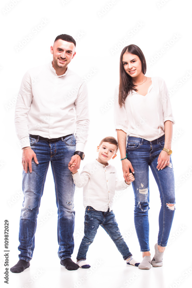 A happy family: mother, father and son on white background A happy family: mother, father and son on white background