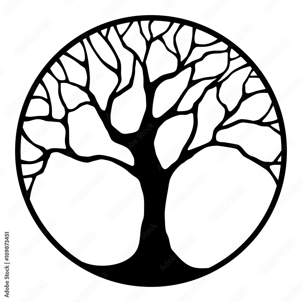Fototapeta premium Vector black silhouette of a tree in a circle isolated on a white background.