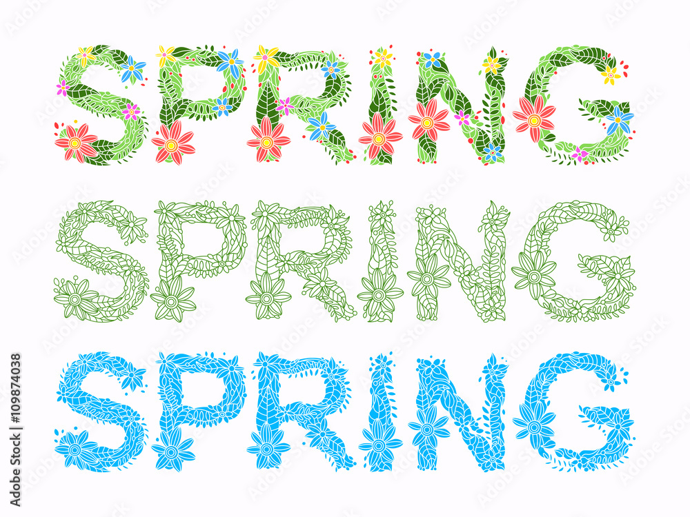 Word spring in floral font vector Word spring in floral font vector