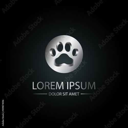 Silver paw logo. Vector 3D icon paw pet print in a metal circle.