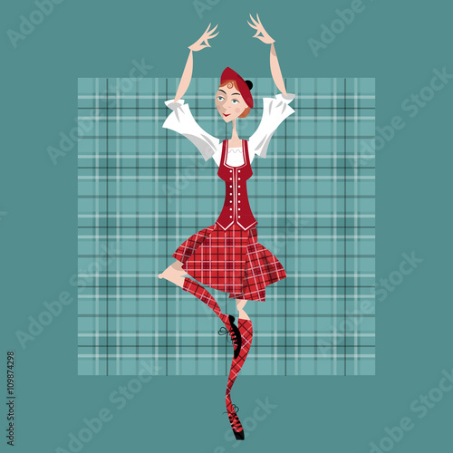 Dancing scottish girl in national clothes. Scottish Highland Dan