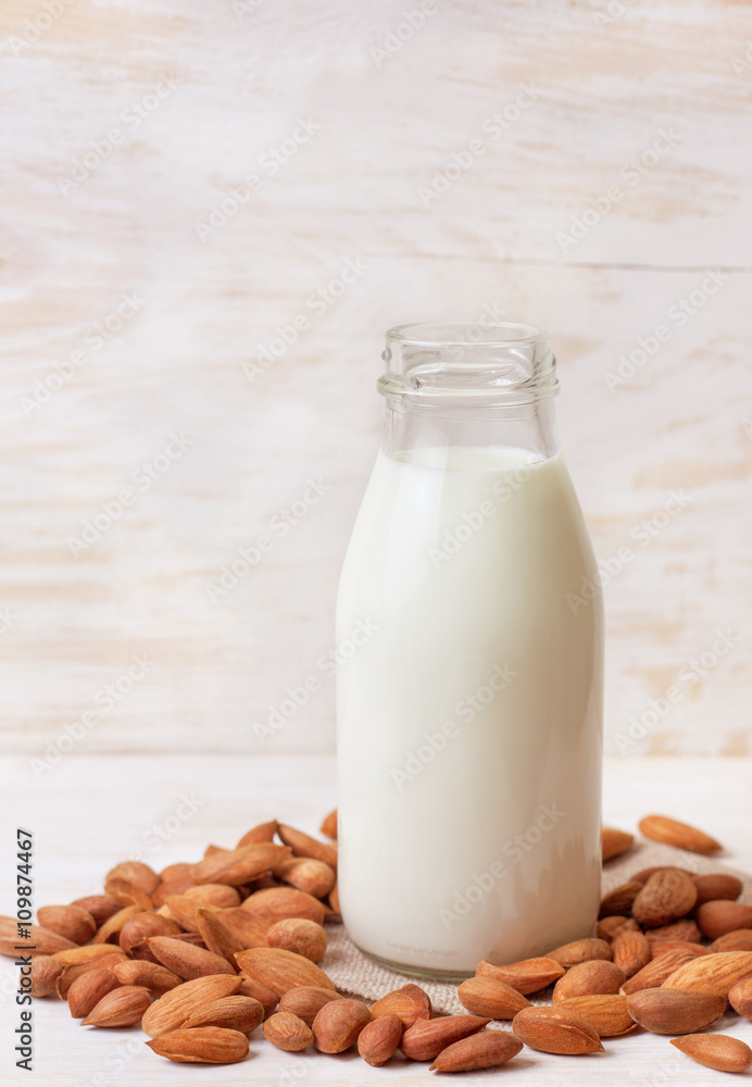 almond milk in a glass bottle almond milk in a glass bottle
