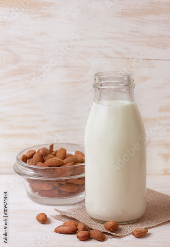 almond milk in a glass bottle