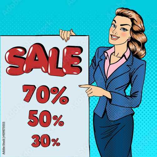 Woman Gesturing on Sale Poster. Businesswoman Holding Banner. Sale Banner