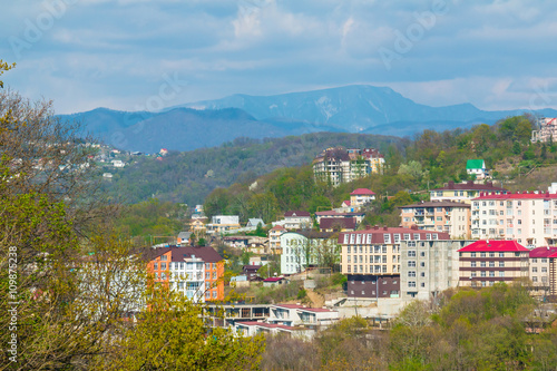 Fototapeta Naklejka Na Ścianę i Meble -  View from a height on the city Sochi and mountains, Russia.