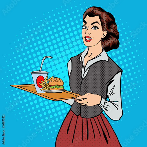 Waitress with Fast Food. Woman Holding a Tray with Burger and Fries