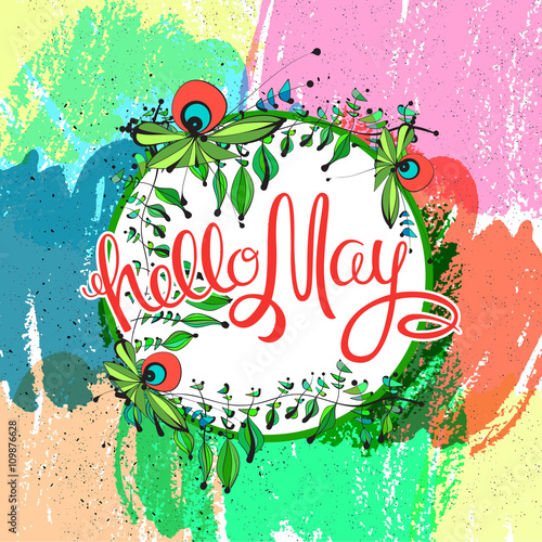 Hello, May. Vector bright hand drawn card with hand drawn letters.