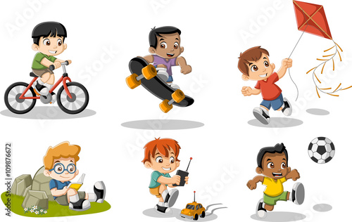 Cute happy cartoon boys playing. Sports and toys.