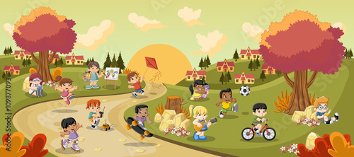 Colorful park in the city with cartoon children playing. Sports and toys.
