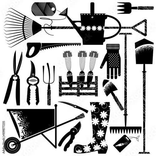 Set of various garden tools. Black and white.