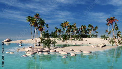 tropical beach, palm trees and the sea, 3D rendering. © ustas